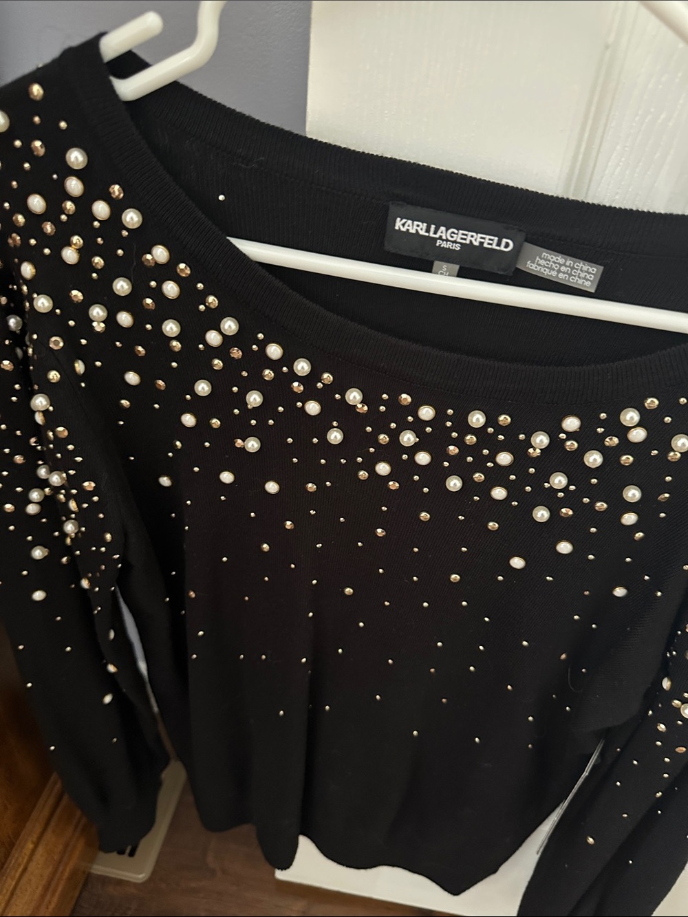 Karl Lagerfeld Black Sweater with Pearl & Stud Accents